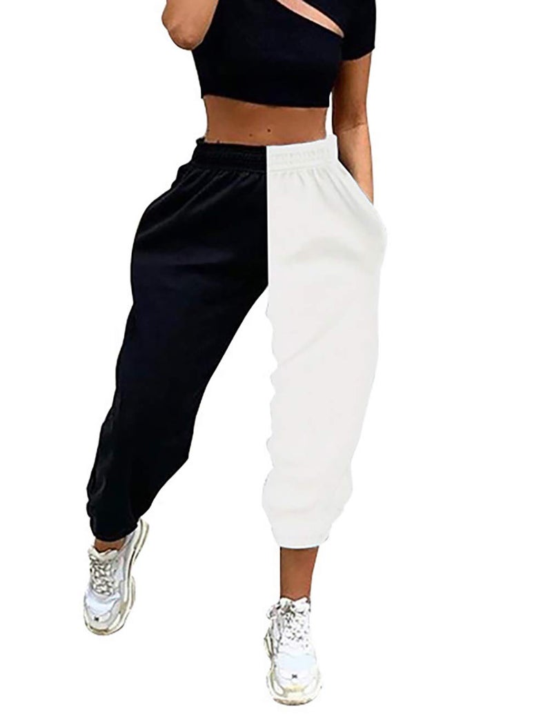 Meladyan Women's Elastic High Waist Joggers Baggy Pants Color Block Sweatpants with Pockets - Image 1